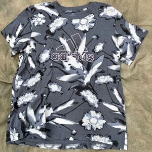 "Adidas" T-shirt, M, gray, black print-flower design, EUC